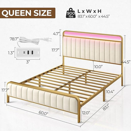 Rolanstar Queen Size Bed Frame with LED Light and Charging Station, Upholstered Headboard and Footboard, Metal Slat, Noise Free, Easy Assembly, Golden