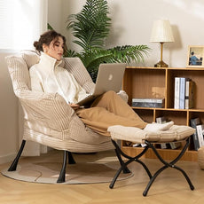 HollyHOME Lazy Chair with Foldable Ottoman, Accent Comfy Lounge Armchair and Folding Footrest Stool, Leisure Sofa Reading Chair and Footstool for Living Room, Bedroom, Dorm,Beige Stripe