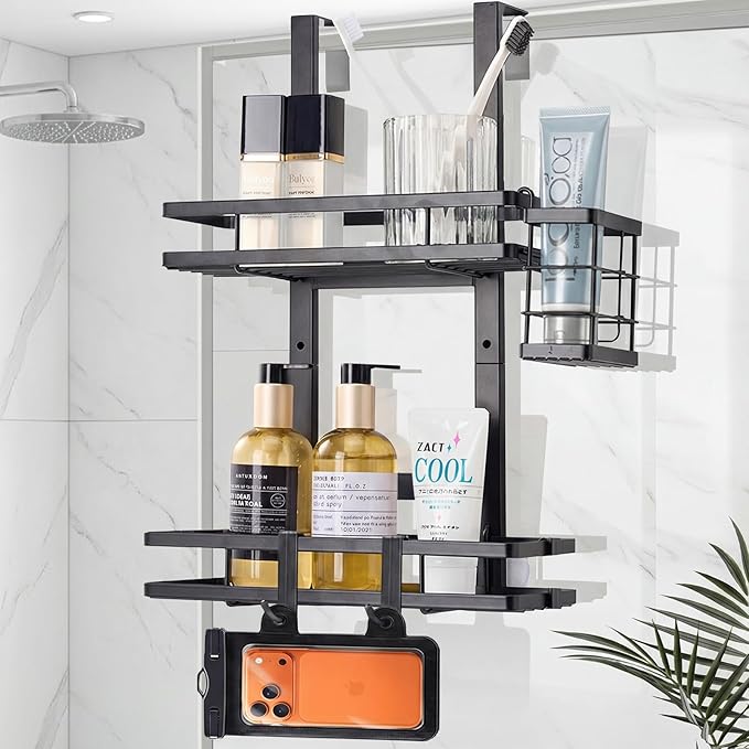 Over the Door Shower Caddy Hanging, Rustproof Shower Shelves with Waterproof Phone Pouch, 2-Tier Adjustable Bathroom Organizers and Storage, No Drilling Shower Shelf, Black Shampoo Soap Holder