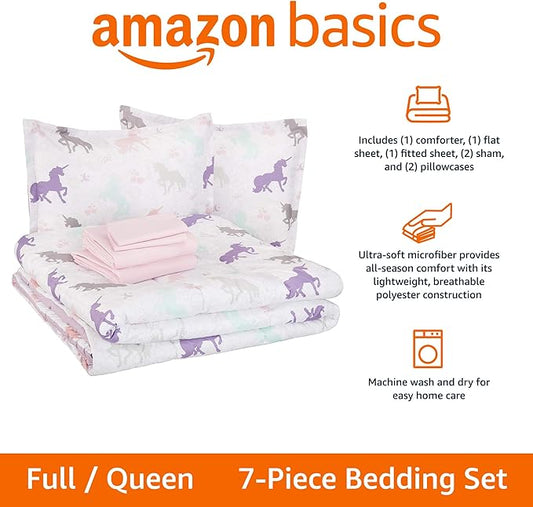Amazon Basics Soft, Comfortable Kid's Microfiber Bed-in-a-Bag 7-Piece Bedding Set, Full/Queen, Solid & Printed, Purple Unicorns