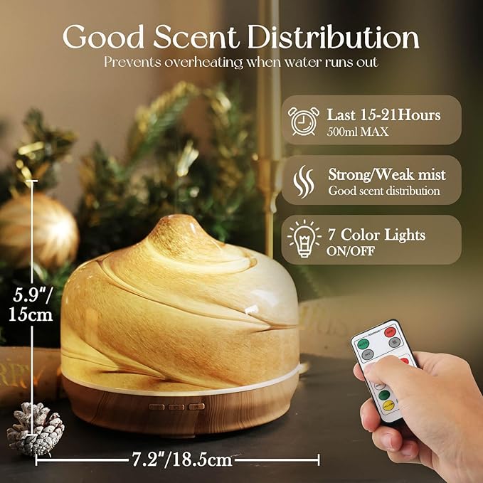 Porseme 500ml Essential Oil Diffuser, Aroma Ultrasonic Humidifier with Remote Control, BPA Free, Auto Shut-Off, Timer Setting for Large Room Sleeping Yoga