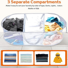 Durable Collapsible Foldable Mesh Pop Up Laundry Basket, 3 Compartments Easy to Carry & Sort Clothes Hampers for Home, Dorm, Travel White