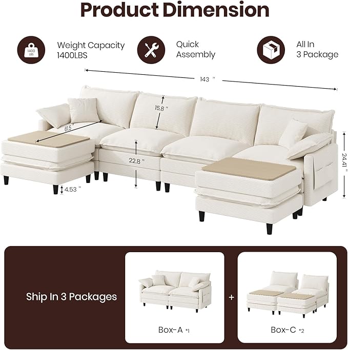 143" U Shaped Modular Sectional Cloud Couch with Two Ottoman, Snap-on Easy Installation 6-Piece Deep Seat Sofa with Storage Bag and Coffee Table for Living Room, Corduroy, Beige