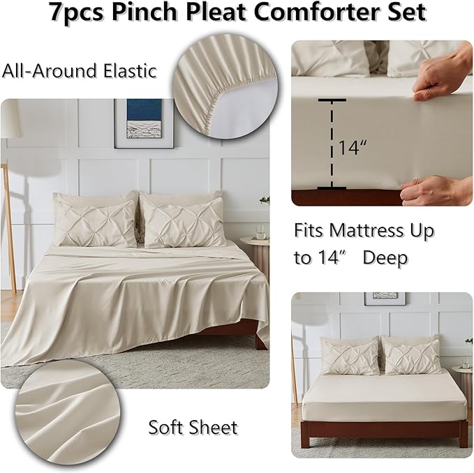 CozyLux King Size Comforter Set Oatmeal, 7 Pieces Pintuck Bed in A Bag Oatmeal Comforter King Size, Pinch Pleat Bedding Set with All Season Comforter, Sheets, Pillowcases & Shams
