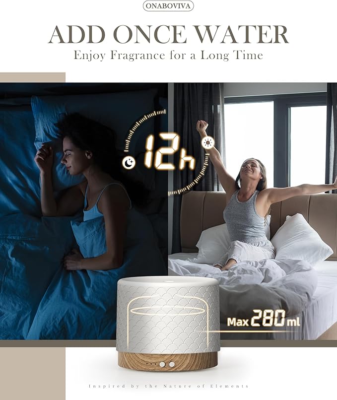 Essential Oil Diffuser, 280ml Ceramic Diffusers for Large Room, Ultrasonic Aromatherapy Diffuser with Cool Mist Humidifier, Quiet and Intelligent Oil Diffusers for Home,Office,Yoga,Bathroom