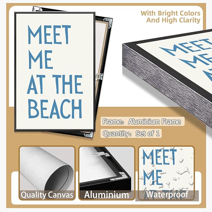 Trendy Meet Me At The Beach Posters Blue Coastal Cowgirl Wall Art Funky Summer Room Decor Vintage Beachy Canvas Prints Ocean Theme Aesthetic for Bathroom Apartment Bedroom 16x24in Metal Black Frame