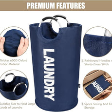 DOKEHOM 90L Large Laundry Basket, Collapsible Laundry Bag, Freestanding Tall Clothes Hamper, Foldable Washing Bin (Dark Blue)