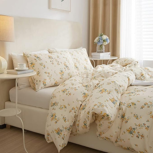 mixinni Aesthetic Floral Duvet Cover Set Twin Size, Farmhouse Boho Yellow Flowers Leaves Cute Bedding Set for Women, 1 Soft Cotton Chic Duver Cover and 2 Pillowcases for All Seasons-Twin Size