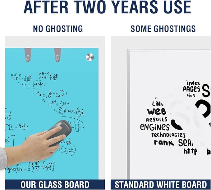 TSJ OFFICE Glass Dry-Erase Board - 48 x 32 Inches Wall Mounted Glass Whiteboard, Large Frameless Magnetic White Board for Office, Home & School, Blue