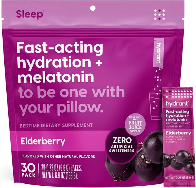 Hydrant - Sleep Electrolyte Powder, Elderberry Flavor, 30 Rapid Hydration Individual Stick Packs - Sleep Blend of Melatonin, L-Theanine, Magnesium, & Chamomile