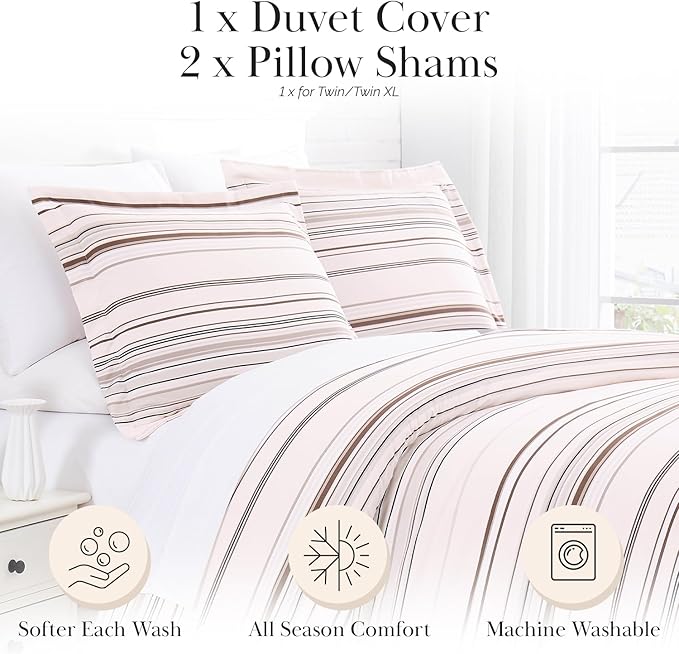 SouthShore FINE LIVING Coastal Stripes Collection - Premium Quality, Soft, Wrinkle, Fade, & Stain Resistant, Easy Care, Oversized Duvet Cover Set, Full / Queen, Taupe