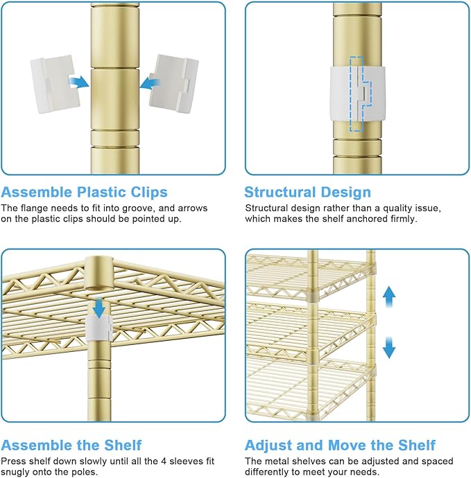Ulif M2 Wall-Mounted Clothes Rack, Metal Closet System with 4 Expandable Hanger Rods and 5 Metal Shelves, Mount-on-Wall Clothing Storage Organizer in (70.8-102.3)" L x 14.5" D x 71.2" H, Gold