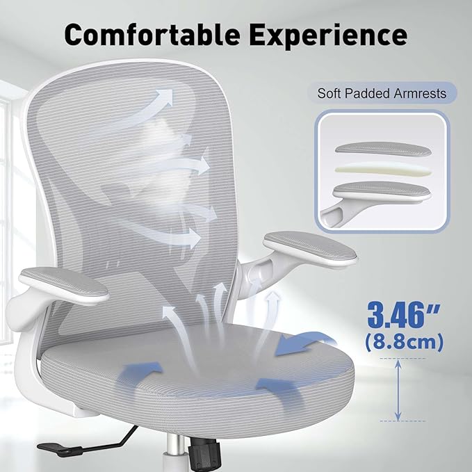 ZZH Ergonomic Office Chair with Adjustable Lumbar Support, Mesh Home Office Desk Chair with Wheels and Flip-up Arms, Grey