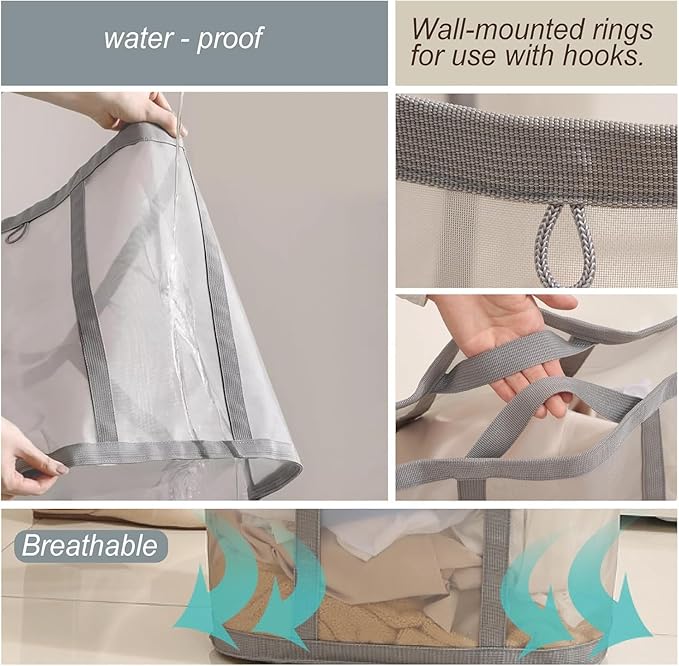 Mesh Bag with Handles, Collapsible Laundry Basket, Foldable Laundry Bag, Breathable Folding Beach Bag,Space-saving Travel Tote Bags (2, Blue)