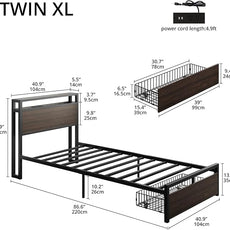 LIKIMIO Twin XL Bed Frames with Drawer, Storage Headboard with Outlets, No Box Spring Needed, Easy Assembly, Dark Brown