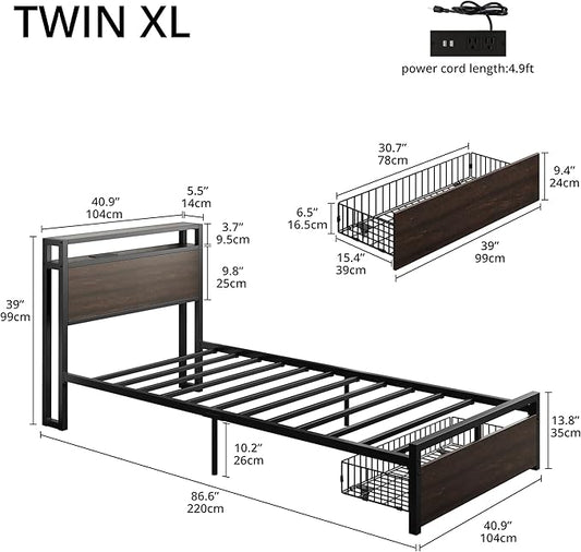 LIKIMIO Twin XL Bed Frames with Drawer, Storage Headboard with Outlets, No Box Spring Needed, Easy Assembly, Dark Brown