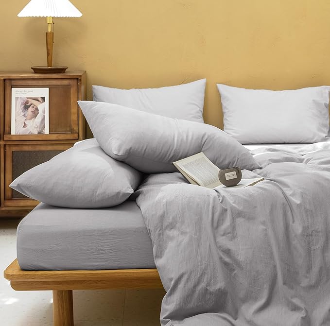 FOSSA Duvet Cover Set 100% Washed Cotton Linen Feel Super Soft Breathable Cozy 3 Pieces Bedding Sets Solid Grayish Queen