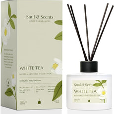 Soul & Scents Reed Diffuser Set – White Tea | 7.43 oz Refillable Scented Oil with 6 Fiber Sticks | Long-Lasting Home Fragrance & Air Freshener for Bedroom, Bathroom, Office | Gift & Décor Piece