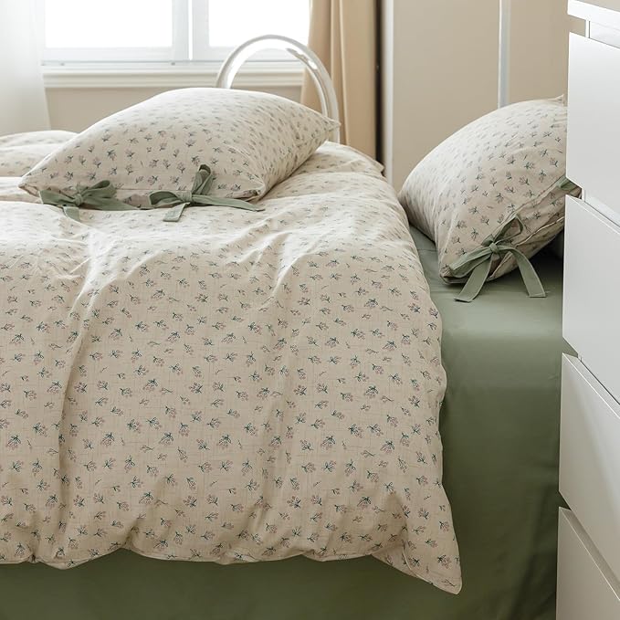 HighBuy Soft Cotton Duvet Cover Queen Girl Floral Coquette Bedding Set Boho Duvet Cover Queen with 2 Bowknot Bow Tie Pillowcases,Garden Floral Comforter Cover Coquette 3 Piece Bedding Set