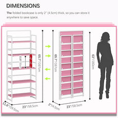 4NM No Assembly 5 Tiers Folding Bookshelf Storage Shelves Vintage Bookcase Standing Racks Study Organizer Home Office (Pink White)