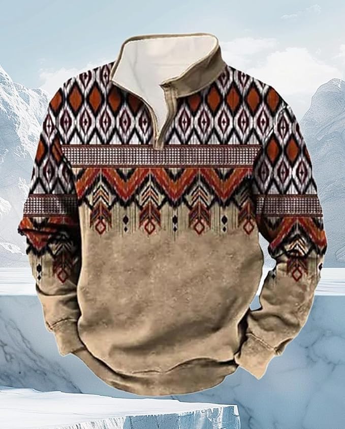 Western Sweatshirts for Men Aztec Cowboy Vintage Graphic Fleece Hoodie Mens Quarter Zip Pullover Country Jacket