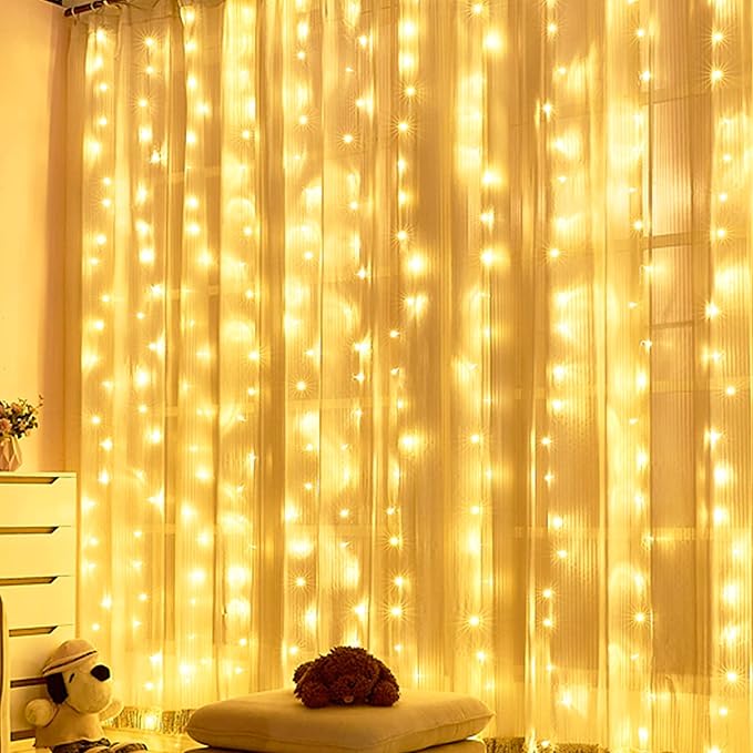 HOME LIGHTING Window Curtain String Lights, 300 LED 8 Lighting Modes Fairy Copper Light with Remote, USB Powered for Christmas Party Wedding Home Decorations (Warm White)