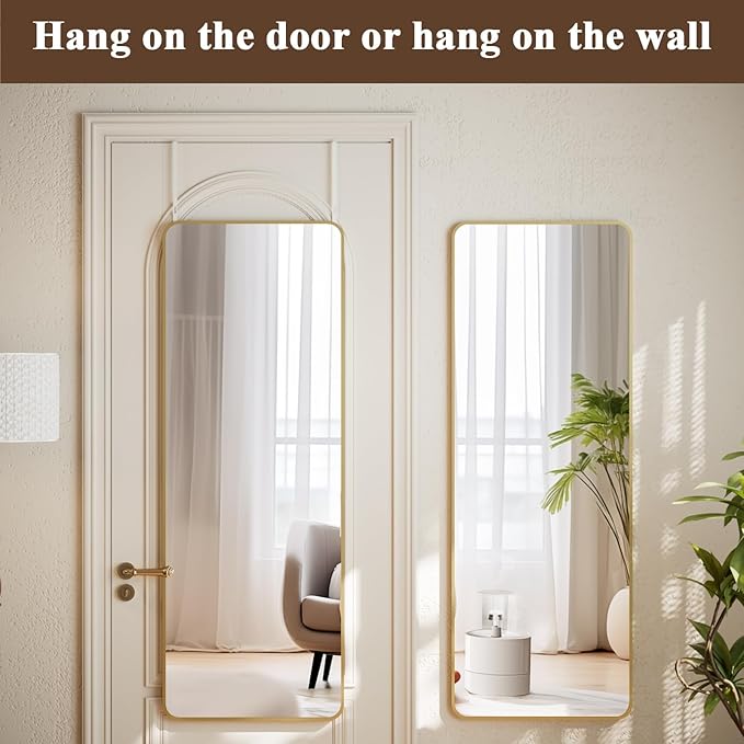 VooBang 14"x48" Full Length Over The Door Mirror - Aluminum Alloy Frame Full Body Mirror with Height-Adjustable Hangers, Hanging Leaning Against Wall for Dorm, Gold