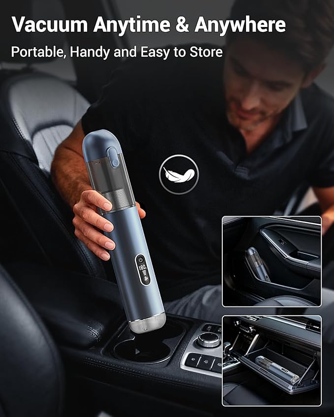 Handheld Vacuum Cordless, 18000Pa Car Vacuum with Brushless Motor, 5-in-1 Portable Hand Held Vacuum with 3 Speed Modes, High Power Mini Vacuum Cleaner with White LED & Red Flash for home, Car, Office