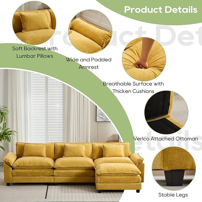 120" Modular Sectional Sofa, Comfy Cloud Couch Sectional Sofa with Ottoman, Chenille Sofa Sleeper Deep Seat Sofa with Throw Pillows for Living Room (Yellow, 120"- L Shape)