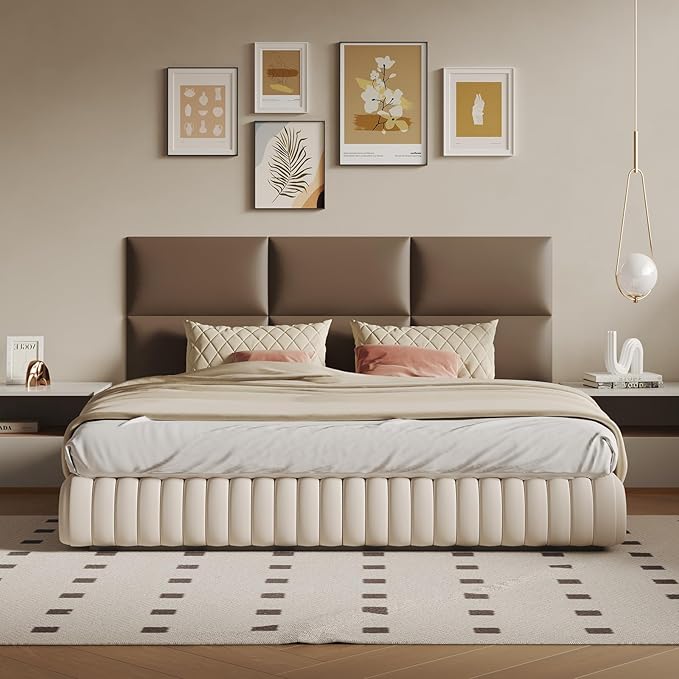 Wall-Mounted Upholstered Headboard Panels, Light Brown Faux Leather, 24x12 Inches, Pack of 9 – DIY Soundproof Padding for Full, Queen, or King Beds, Modern Wall Décor, Easy to Install