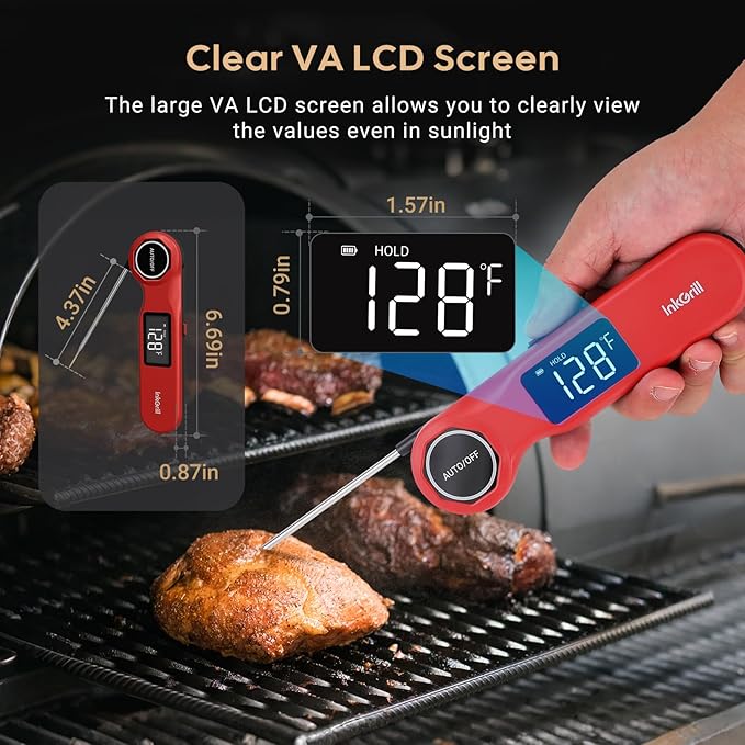 Rechargeable 0.5 Seconds Instant Read Meat Thermometer for Cooking, ±0.5℉ Accuracy Digital Food Thermometer with Large Screen, Waterproof Kitchen Thermometer Magnets for Grilling Frying BBQ