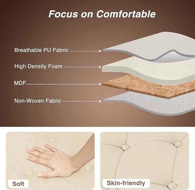 65 Inch Bedroom Bench, End of Bed Bench with Storage, Bed Benches for Foot of Bed, Faux Leather Window Bench with Tufted Button and Nailhead Trim, Upholstered Storage Bench, Rolled Arms, Cream White