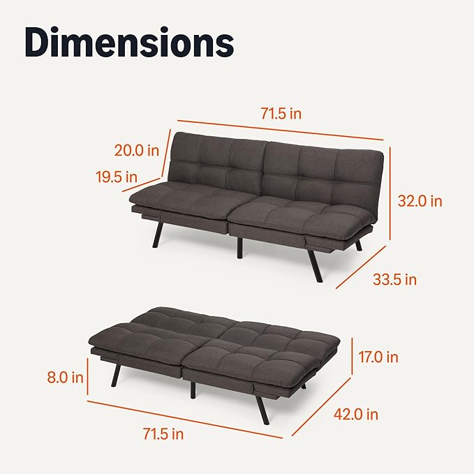 Amazon Basics Futon Sofa Bed, Convertible Memory Foam Sofa Couch Modern Loveseat Sleeper for Small Compact Living Room,Office,Apartment,Dark Grey Linen Fabric