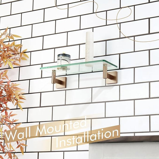 KOKOSIRI Wall Shelves Bathroom Hardware Glass Floating Shelf 12-Inch for Bedroom, Living Room, Kitchen, Hanging Rack Champagne Bronze B1105CPG-L12