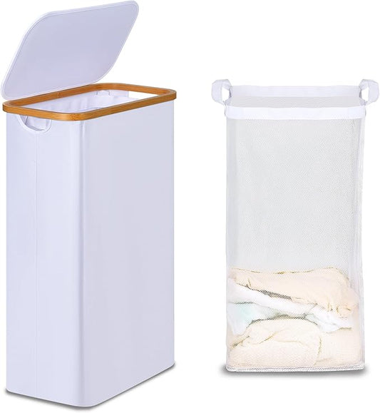 efluky Slim Laundry Basket with Lid, Narrow Laundry Hamper with Removable Bag, Skinny Dirty Clothes Basket with Bamboo Handles for Bathroom, Bedroom & Laundry Room, 75L White