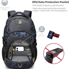 Swissdigital Design Laptop Backpack with USB Charging Port, Travel Backpack Fits 15.6 inches Computer, 31L College School Backpack for Men, Blue Camo | SD803-92
