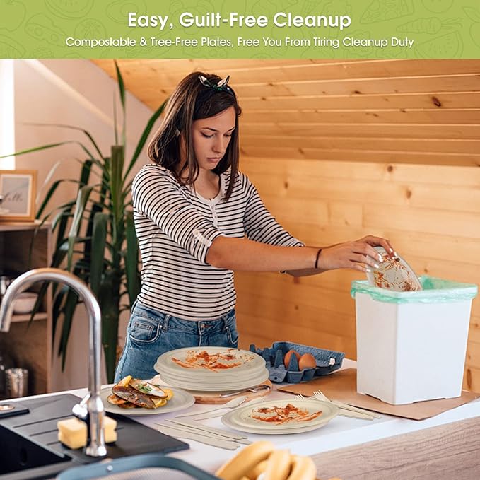 Fuyit 250Pcs Disposable Paper Plates Set with Cutlery, Compostable Biodegradable Eco-Friendly Dinnerware & Utensil Include Plate, Larger Fork, Knife & Spoon for Party, Camping, Picnic, BBQ (Natural)