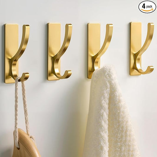 pickpiff Adhesive Wall Hooks for Towels - Sticky Hook Hanging Heavy Duty (13lb), Hanger for Door, Bathroom, Dorm, Closet - for Coats, Purse, Bag, Robe - No Damage to Wall - Brushed Gold 4 Pack