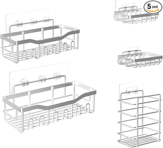 Fab Glass and Mirror 5-Pack Shower Caddy, Chrome- Shower Organizer & Shelves for Efficient Storage, Bathroom Caddy for Wall Organizer, Durable Showers Wall Caddy