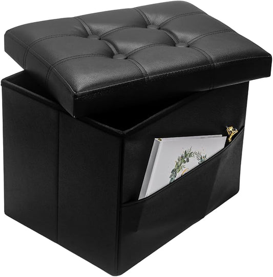 Storage Ottoman Foot Rest Stool, Small Leather Storage Ottomans Bench, Folding Footstool with Side Pockets, Foot Rest Under Desk for Living Room Bedroom, 17x13x13 in, Black