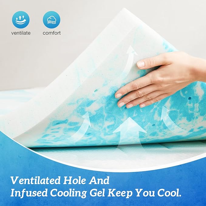 Sweetcrispy Mattress Topper Queen, 4 Inch Thick Memory Foam Gel Infused Cooling Toppers Pad for Queen Size Bed, Sleeper Sofa, RV, Camper, CertiPUR US Certified, Ventilated and Breathable, Blue