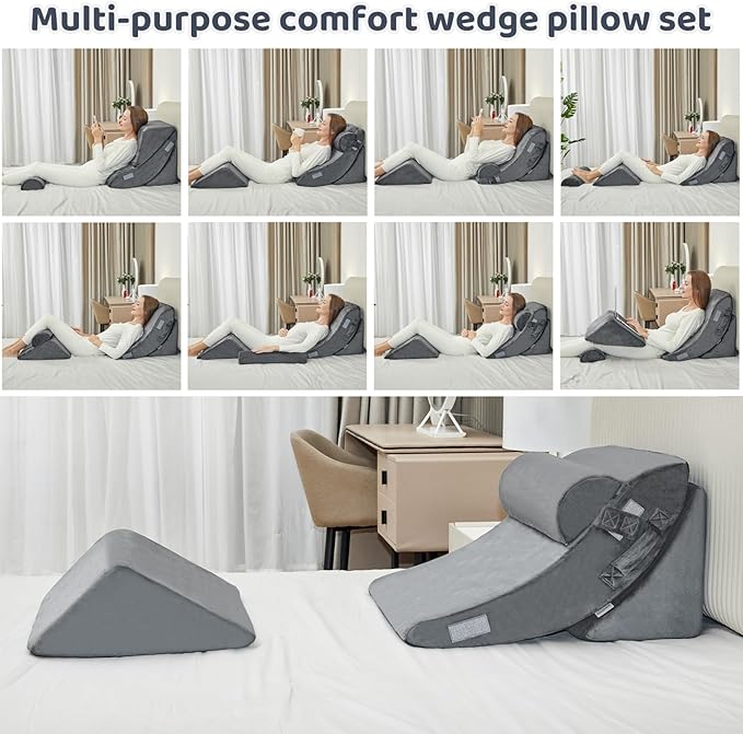 4pcs Wedge Pillow Set for After Surgery,Wedge Pillow headboard for Relief of Body Back and Leg Pain,gerd Pillows for Acid Reflux Side Sleeper and Anti-snoring.