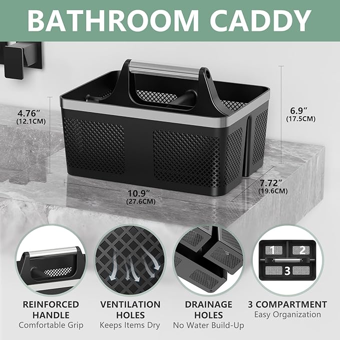 Black Shower Caddy Portable: Plastic Bathroom Caddy Organizer with Handle and Holes, Cleaning Caddy, Hard Shower Basket Storage Tote for Toiletry, College Dorm Room Essentials for Men