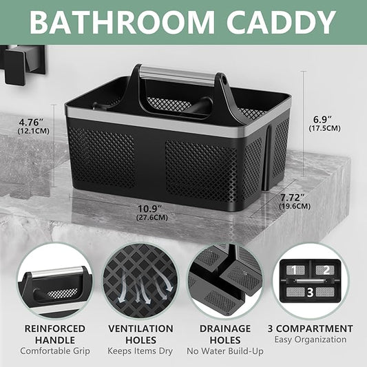Black Shower Caddy Portable: Plastic Bathroom Caddy Organizer with Handle and Holes, Cleaning Caddy, Hard Shower Basket Storage Tote for Toiletry, College Dorm Room Essentials for Men