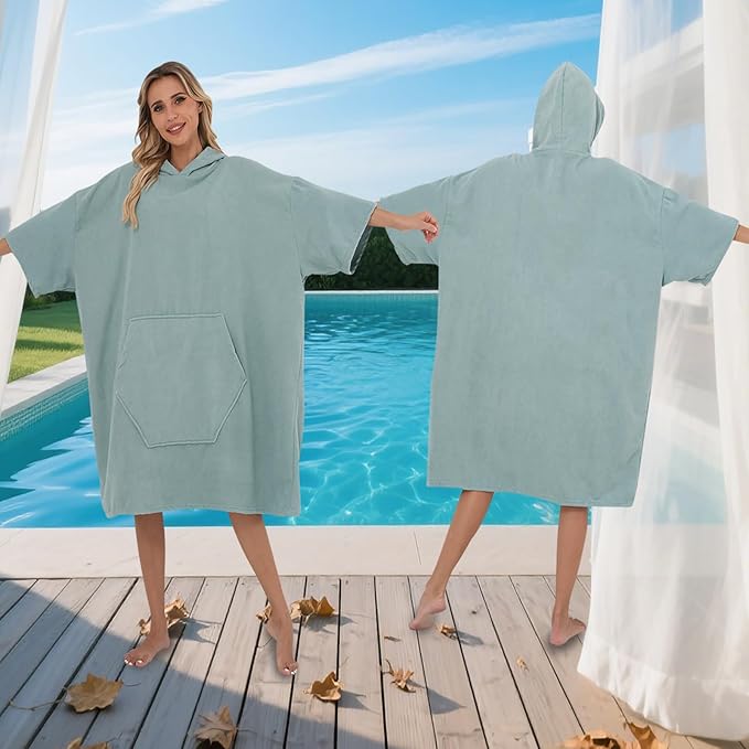 Surf Poncho Hooded Beach Towel, Quick Dry Terry Cloth, Extra Large Changing Robe with Pockets for Adults, Unisex Grass Tail Green Cover-Up for Swim, Bath, Beach, Gift for Swimmer Lovers