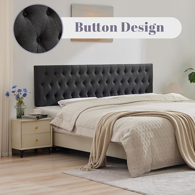 Kingfun Cal King Size Headboard only, Modern Button Tufted Upholstered Headboards, Premium Linen Fabric Headboard with Wooden Legs, Adjustable Solid Wood Head Board, Dark Grey