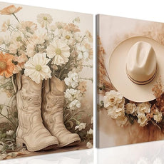 Floral Cowgirl Boots Canvas Wall Art Set of 2, Cowboy Hat with Flower Wall Decor Paintings, Trendy Preppy Western Aesthetic Prints Pictures, for Girls Bedroom Living Room Dorm 16x24 inch Framed
