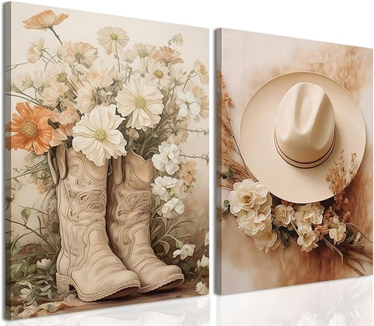 Floral Cowgirl Boots Canvas Wall Art Set of 2, Cowboy Hat with Flower Wall Decor Paintings, Trendy Preppy Western Aesthetic Prints Pictures, for Girls Bedroom Living Room Dorm 16x24 inch Framed