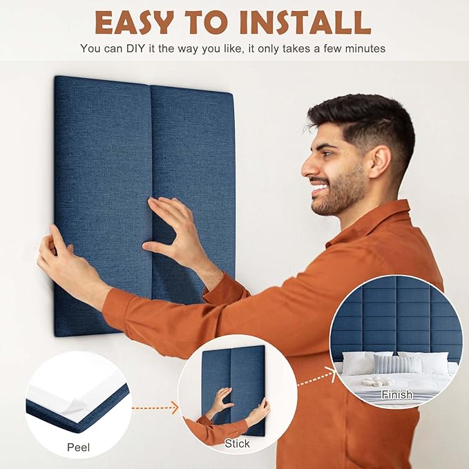 IFNOW Upholstered Wall Mounted Headboard, 3D Soundproof Wall Panels Peel and Stick for King Size, Reusable and Removable Tufted Bed Headboard in Navy Blue (12 Panels, 10" x 24")