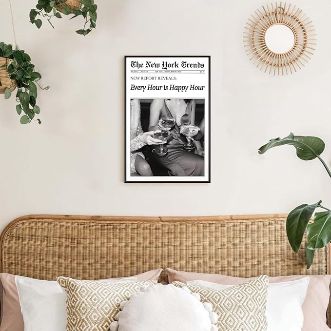 Retro New York Trends Wall Art Black and White Newspaper Poster Every Hour Is Happy Hour Canvas Prints Funky Feminist Posters Trendy Alcohol Wall Decor for Bar Cart Hot Girl Dorm Room Decorative 24x36inch black framed